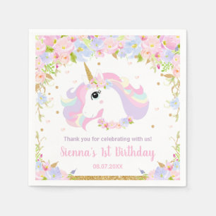 Pasteelregenboog Floral Cute Unicorn Birthday  Servet