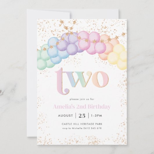 Pasteelregenboogballonplein 2e verjaardag kaart (Voorkant)