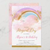 Pasteelregenboogroze en goudverjaardag kaart (Voorkant / Achterkant)