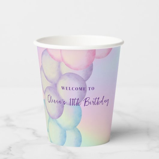 Pasteelvormige Iridescent Ballon Arch Birthday Pap Papieren Bekers (Voorkant)