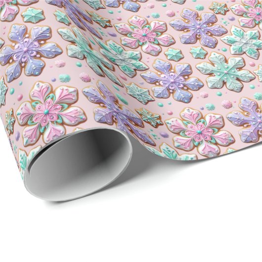 Pastel 3D sneeuwvlokken op roze Cadeaupapier (Rol Hoek)