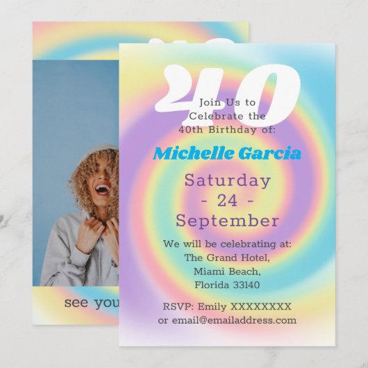 Pastel 40th Birthday Party Kaart (Voorkant / Achterkant)
