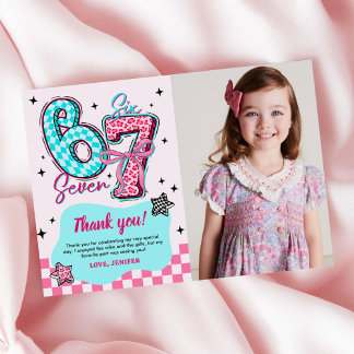 Pastel 67 Zes Zeven Meisje Verjaardagsfeest Foto Bedankkaart