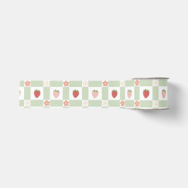 Pastel Aardbei Gingham – Cottagecore Cadeaupapier Grosgrain Lint