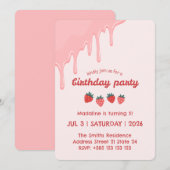 Pastel Aardbeien Verjaardagsfeestje Uitnodiging (Voorkant / Achterkant)