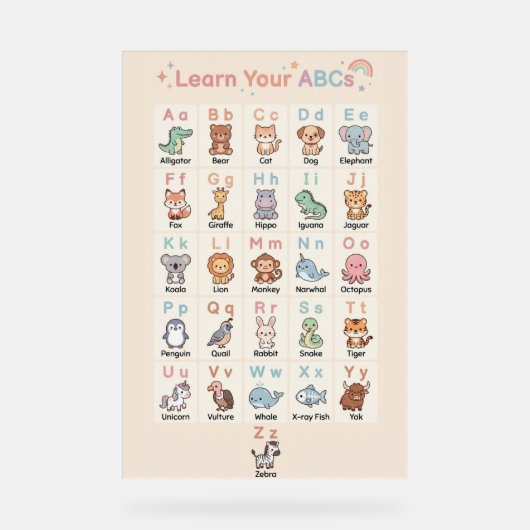 Pastel ABC Dierenposter voor Kinderen Acryl Bord (Voorkant)