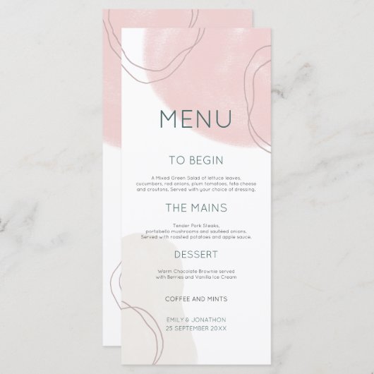 Pastel Abstract Cream Shapes Lijnen Bruiloft Menu (Voorkant / Achterkant)