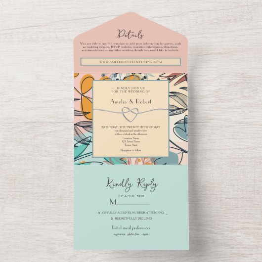 Pastel Abstracte Boho bruiloft All In One Uitnodiging (Binnen)