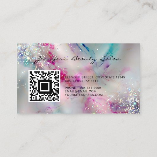 Pastel Alcohol Ink Holographic Glitter QR Code Visitekaartje (Achterkant)