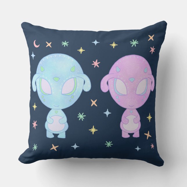 Pastel Alien Tweelingzusters | Cute Kosmische Kawa Kussen (Voorkant)
