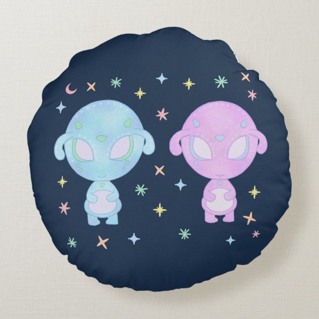 Pastel Alien Tweelingzusters | Cute Kosmische Kawa Rond Kussen (Achterkant)