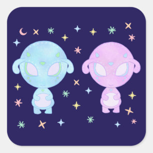 Pastel Alien Tweelingzusters Cute Kosmische Kawa Vierkante Sticker