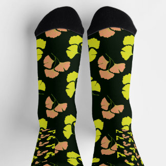Pastel and Neon Ginko leaves on black Womens Socks Sokken