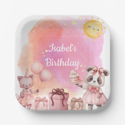 Pastel Animal Birthday Party Paper Plate Papieren Bordje (Voorkant)