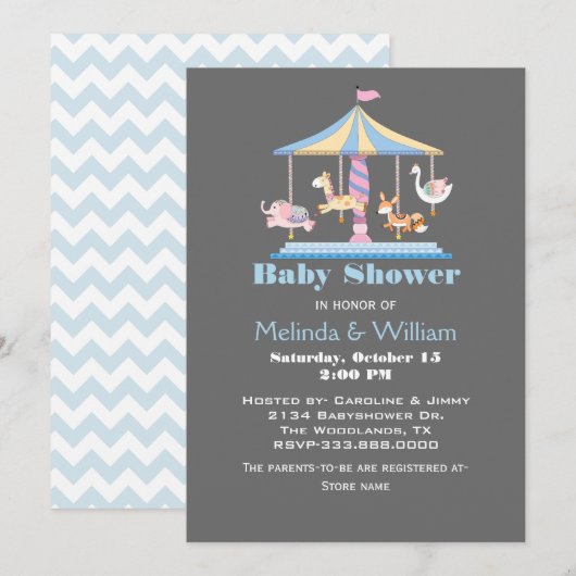Pastel Animal Carrousel Baby shower Invitation Kaart (Voorkant / Achterkant)