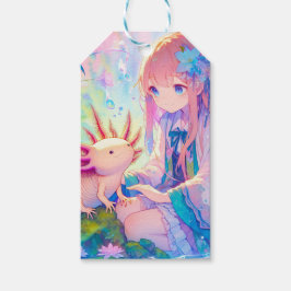 Pastel Anime Meisje en een Axolotl gepersonaliseer Cadeaulabel