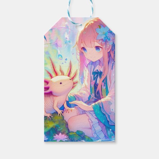 Pastel Anime Meisje en een Axolotl gepersonaliseer Cadeaulabel (Voorkant)