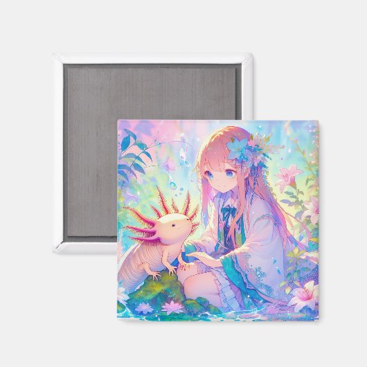 Pastel Anime Meisje en een Axolotl gepersonaliseer Magneet (Voorkant / Achterkant)
