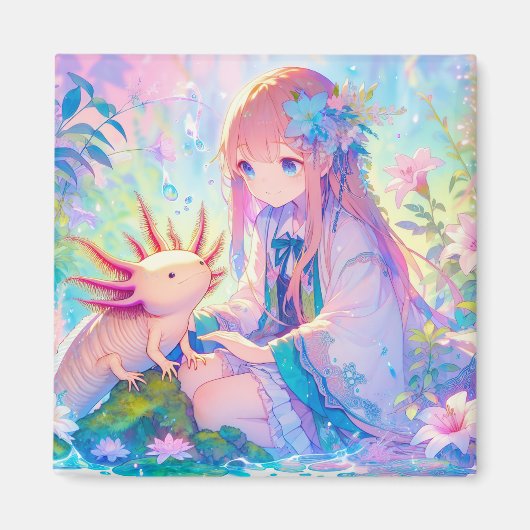 Pastel Anime Meisje en een Axolotl gepersonaliseer Magneet (Voorkant)