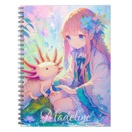 Pastel Anime Meisje en een Axolotl gepersonaliseer Notitieboek