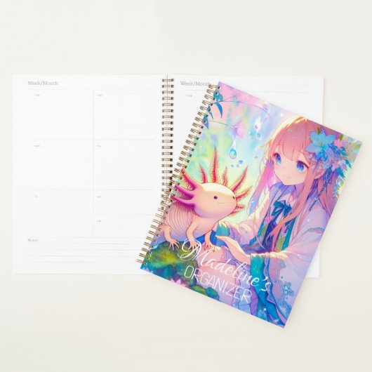 Pastel Anime Meisje en een Axolotl gepersonaliseer Planner (Display)