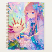 Pastel Anime Meisje en een Axolotl gepersonaliseer Planner (Voorkant)