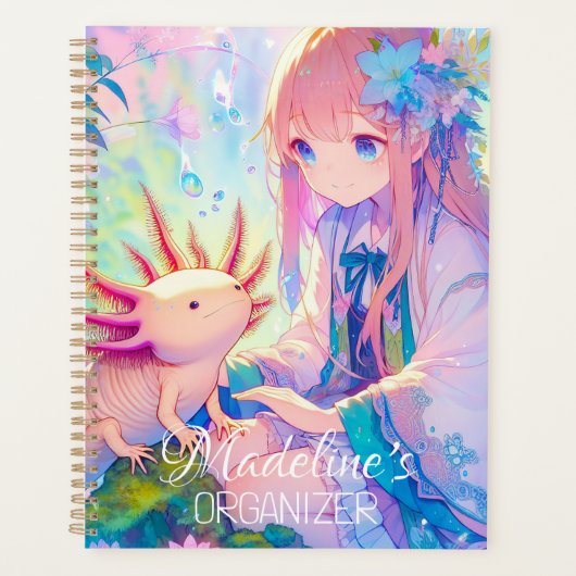 Pastel Anime Meisje en een Axolotl gepersonaliseer Planner (Voorkant)