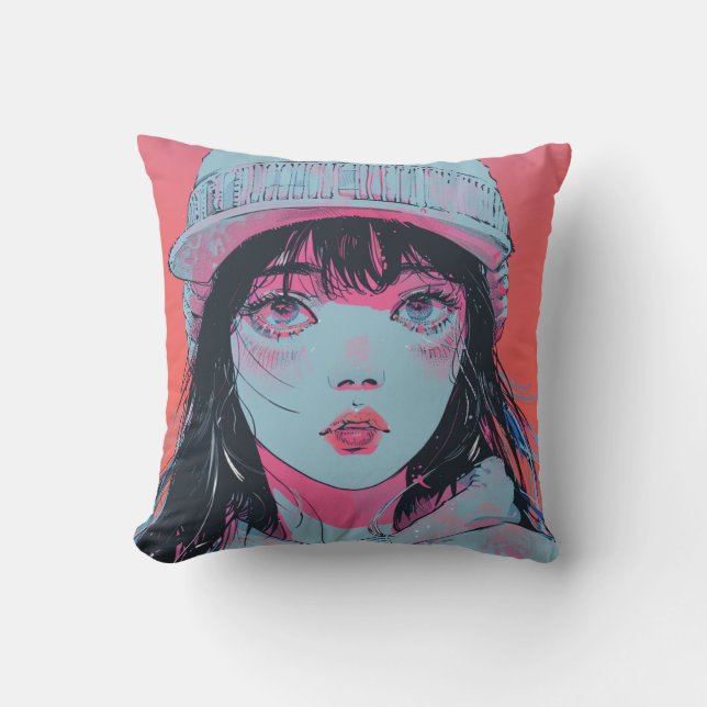 Pastel Anime Meisje in Muts Kunst Kussen (Voorkant)