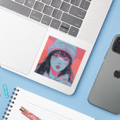 Pastel Anime Meisje in Muts Kunst Sticker (Laptop met iPhone)