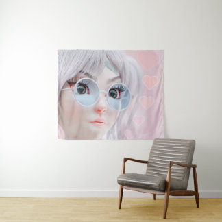 Pastel Anime Meisje met Bril en Hartjes Wandkleed