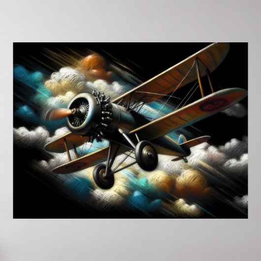 Pastel Antiek tweedekker vleugelvliegtuig Poster (Voorkant)