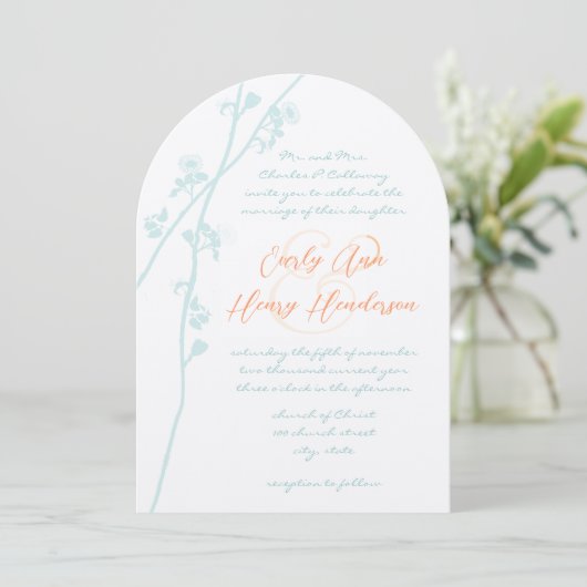 Pastel Aqua Blue Blush Coral Flower Wedding Uitnod Kaart (Staand voorkant)