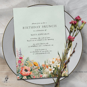 Pastel Aqua Blue   Elegante Floral Birthday Brunch Kaart