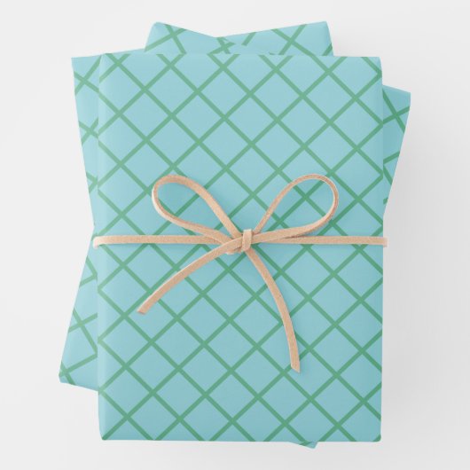 Pastel Aqua Blue en Green Diagonal Grid Pattern Inpakpapier Vel (In situ)