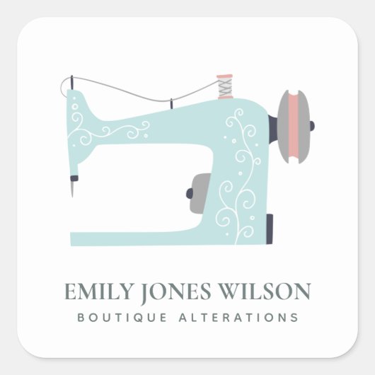PASTEL AQUA BLUE PEACH ROZE NAAIMACHINE TAILOR VIERKANTE STICKER (Voorkant)