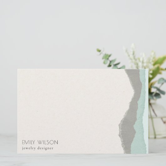 Pastel Aqua Gray Kraft Mountain Wave Torn Edge Briefpapier (Staand voorkant)