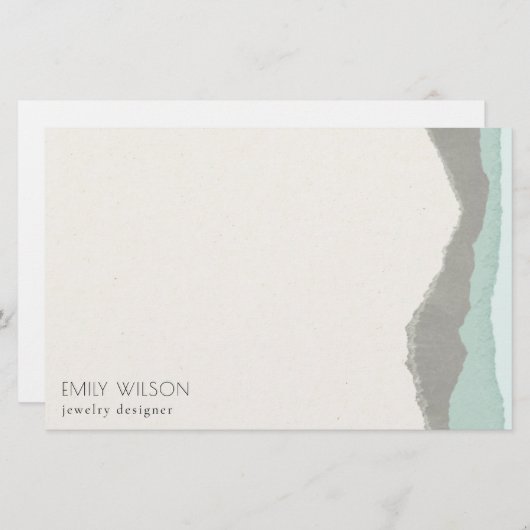 Pastel Aqua Gray Kraft Mountain Wave Torn Edge Briefpapier (Voorkant / Achterkant)