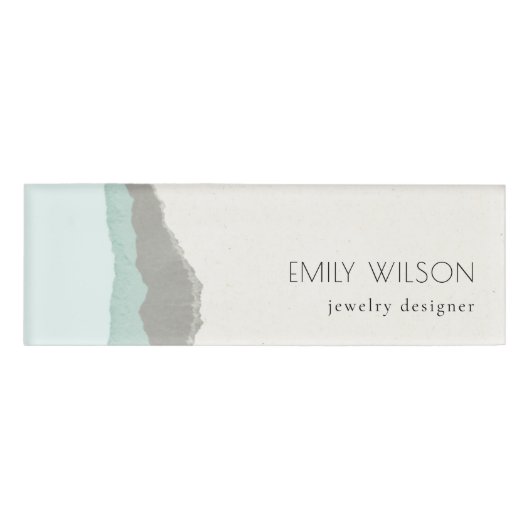 Pastel Aqua Gray Kraft Mountain Wave Torn Edge Naambadge (Voorkant)
