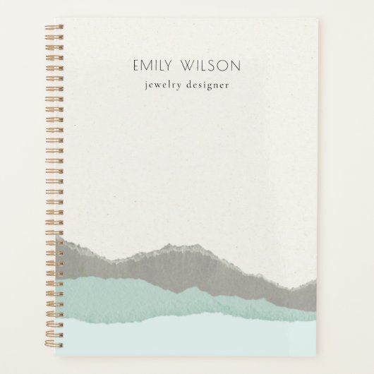 Pastel Aqua Gray Kraft Mountain Wave Torn Edge Planner (Voorkant)