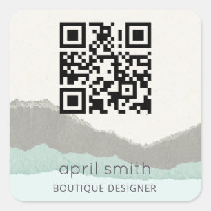 Pastel Aqua Kraft Mountain Wave Torn Edge QR-code Vierkante Sticker