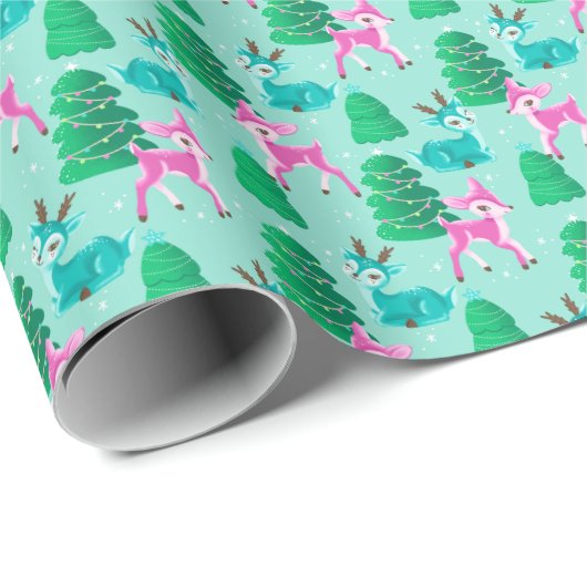 Pastel Aqua  Retro Kerstmis Rendieren Cadeaupapier (Rol Hoek)
