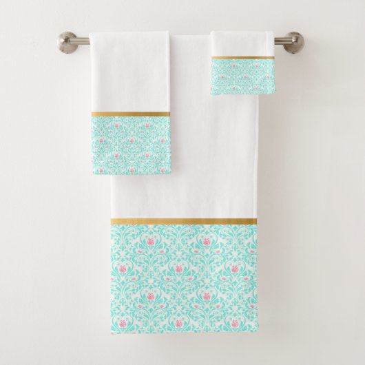 PASTEL AQUA  ROOS GOLD BATHROOM TOWEL SET BAD HANDDOEK (Insitu)