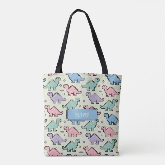 Pastel Arcade Dinosaurus Pixel Silhouetten Patroon Tote Bag (Achterkant)