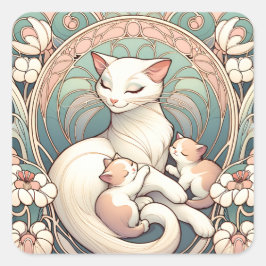 Pastel Art Nouveau Moeder Kat en Kittens Vierkante Sticker