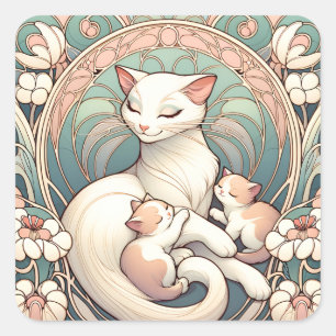 Pastel Art Nouveau Moeder Kat en Kittens Vierkante Sticker