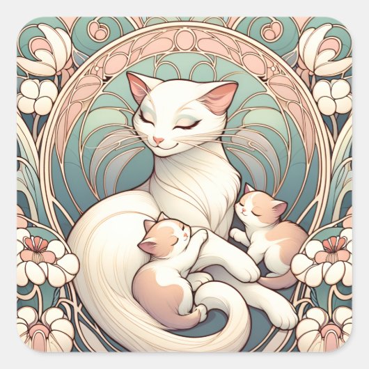 Pastel Art Nouveau Moeder Kat en Kittens Vierkante Sticker (Voorkant)