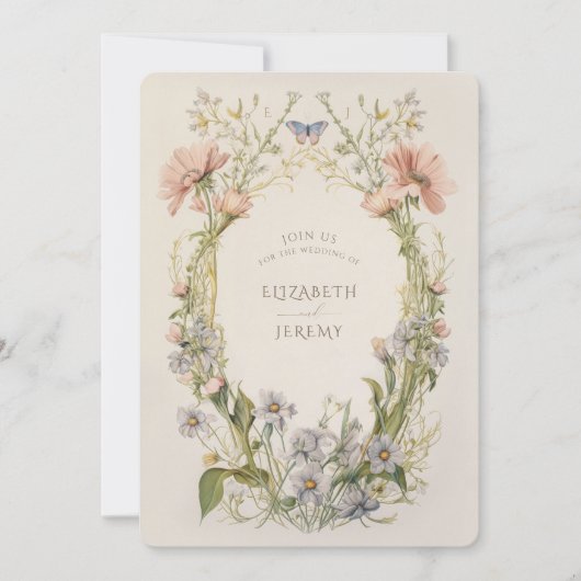 Pastel Art Nouveau Wildflower bruiloft uitnodiging (Voorkant)