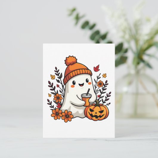 Pastel Autumn Kawaii Ghost Herfst Pumpkin Spice Briefkaart (Staand voorkant)