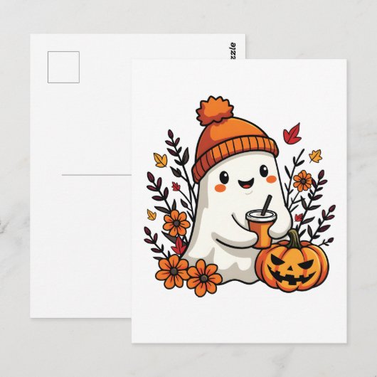 Pastel Autumn Kawaii Ghost Herfst Pumpkin Spice Briefkaart (Voorkant / Achterkant)