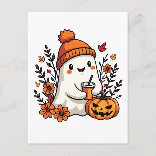 Pastel Autumn Kawaii Ghost Herfst Pumpkin Spice Briefkaart (Voorkant)